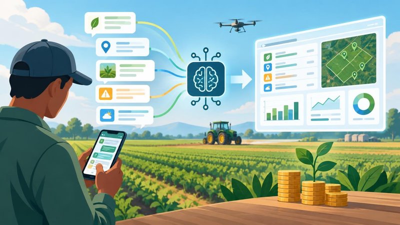 AI-generated illustration: the story "Agritech start-up Myca raises $1.3 million for AI agents in farm field operations"
