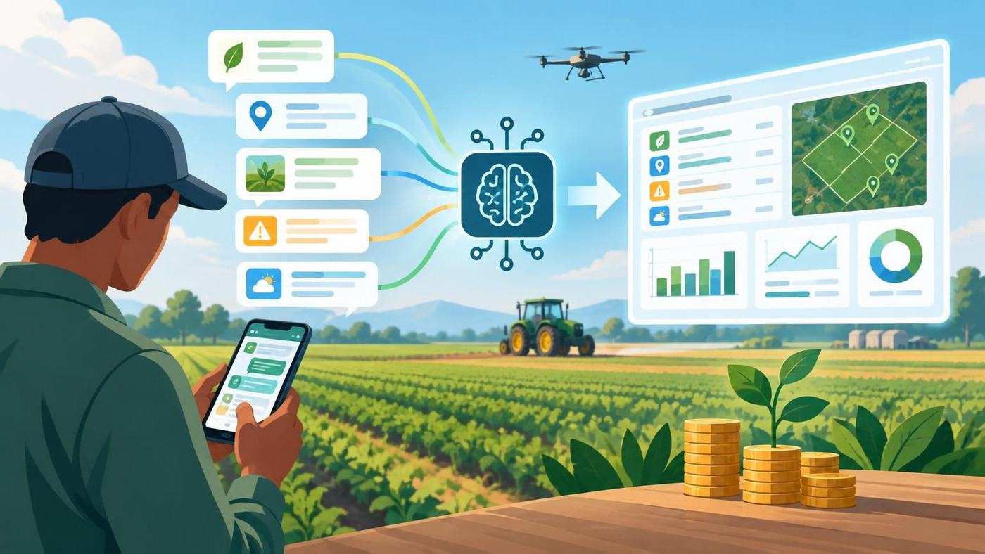 AI-generated illustration: the story "Agritech start-up Myca raises $1.3 million for AI agents in farm field operations"