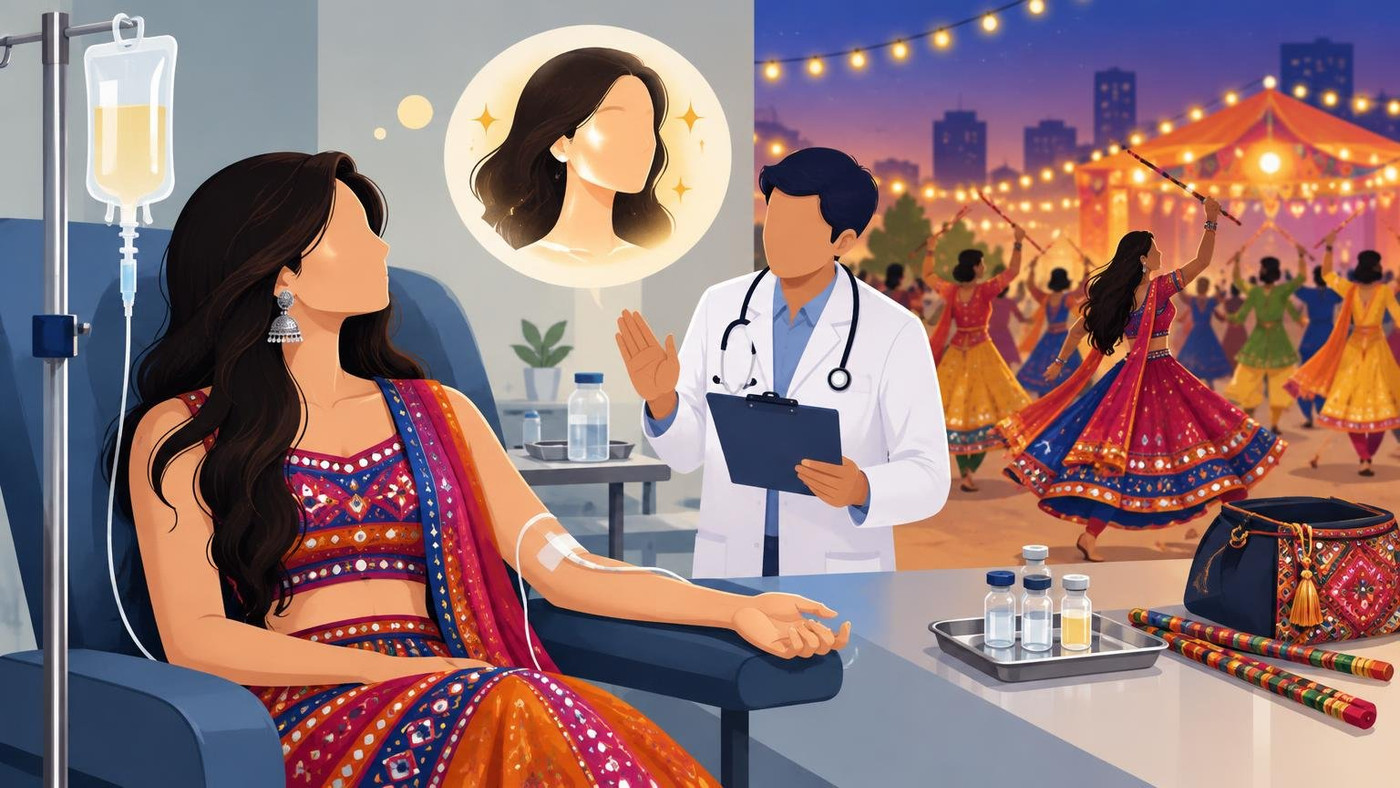 AI-generated illustration: the story "Ahmedabad youth book IV drips for Navratri glow; doctors say it is no beauty add-on"