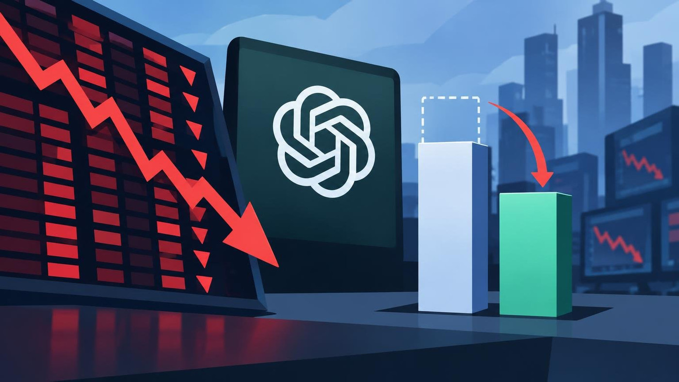 AI-generated illustration: the story "AI stocks slide as OpenAI's revenue run-rate comes in at $50 billion, not $70 billion"
