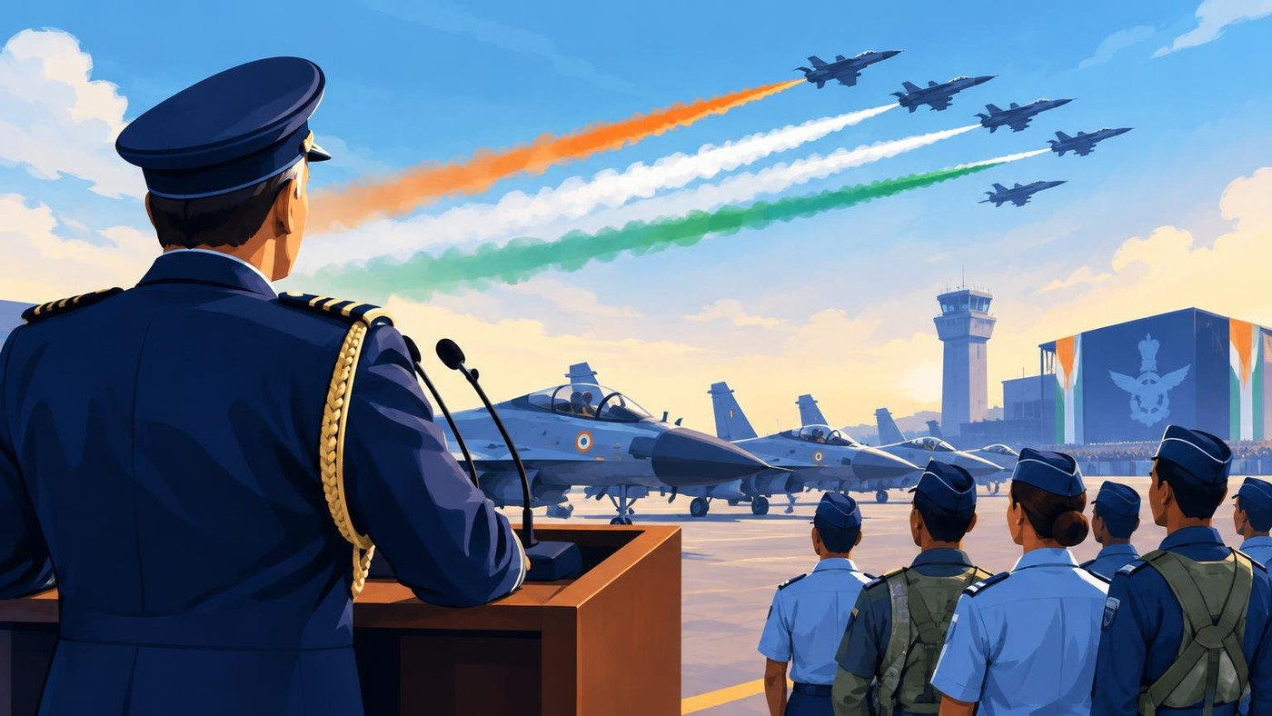AI-generated illustration: the story "Air Force Day: outgoing IAF chief says air warriors, not just machines, are its strength"