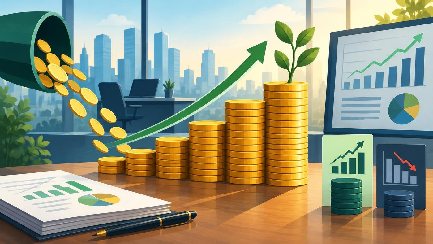 AI-generated illustration: the story "Anand Rathi Wealth's assets rise 18% to Rs 1.08 lakh crore on record inflows"