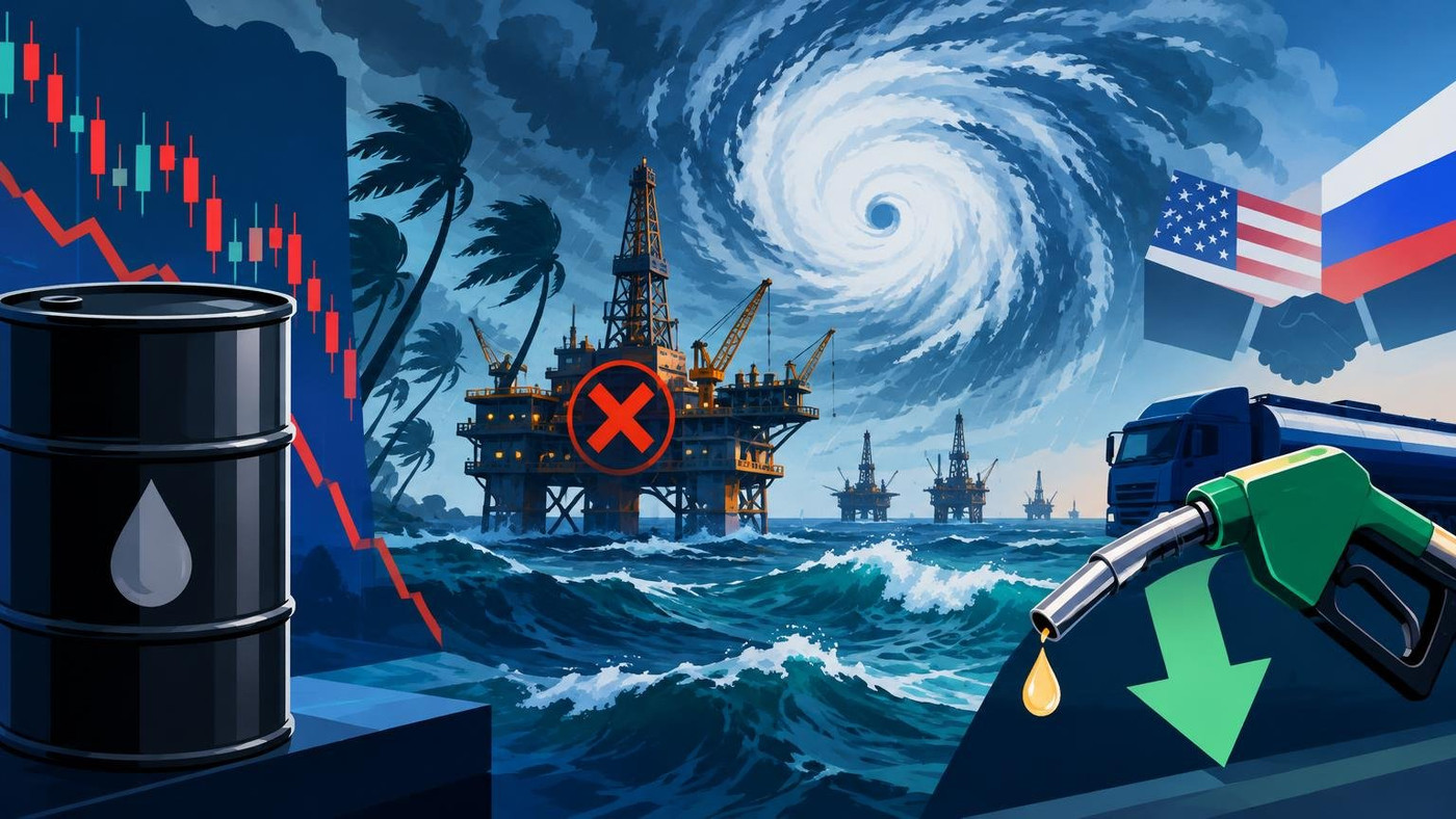 AI-generated illustration: the story "Brent ends at $104.72 as Hurricane Isaias shuts 71% of Gulf oil; diesel falls 3%"