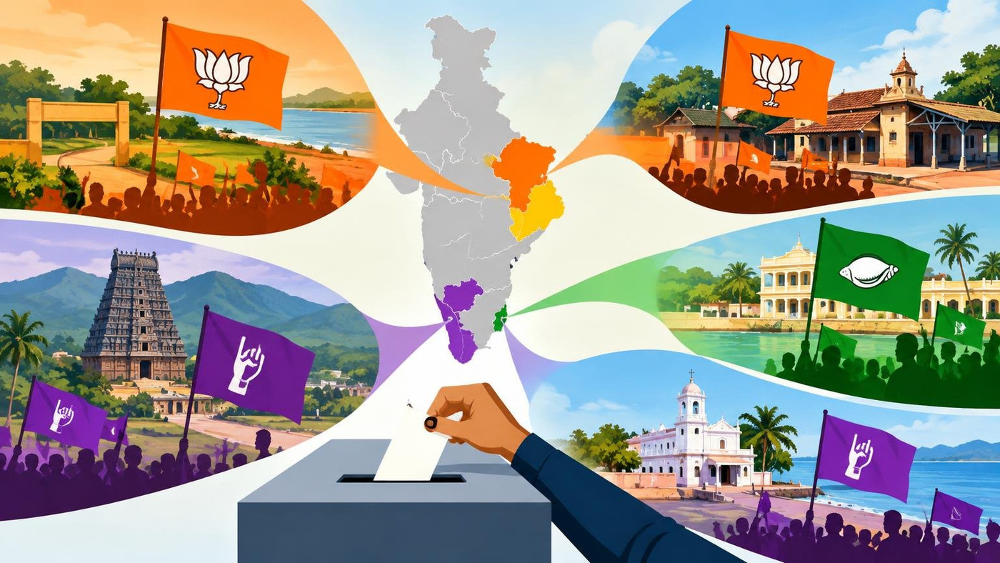 AI-generated illustration: the story "Bypoll results: BJP wins Nandigram and Rejinagar, TVK takes both Tamil Nadu seats"