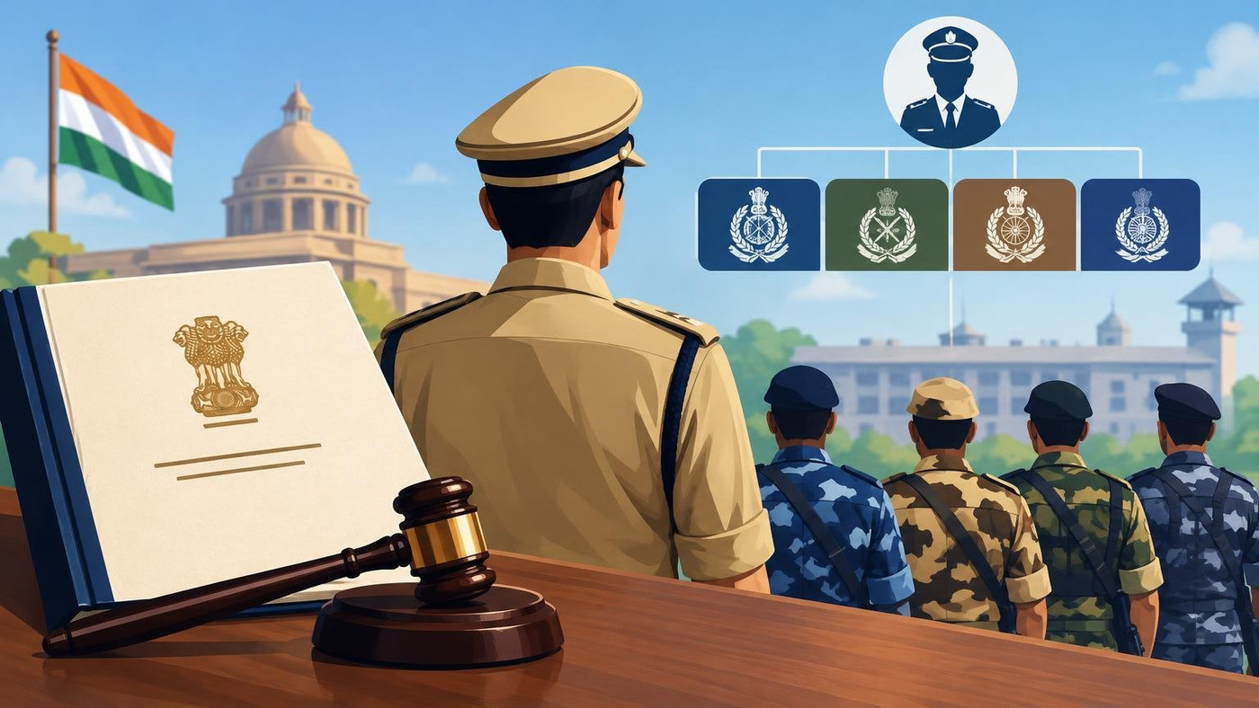 AI-generated illustration: the story "CAPF Act comes into force, fixing share of top posts for IPS officers"