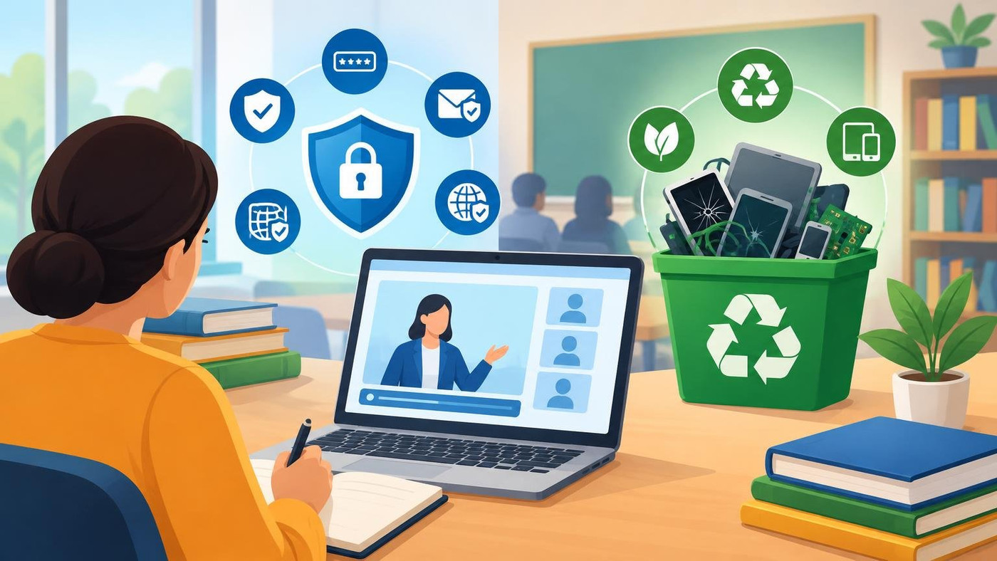 AI-generated illustration: the story "CBSE opens advanced NISHTHA courses for teachers on cyber hygiene, e-waste"