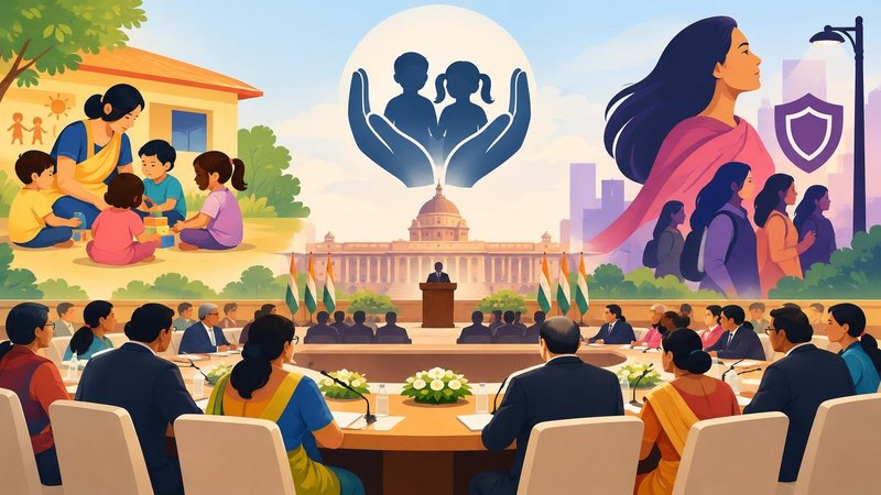 AI-generated illustration: the story "Centre and states meet in Delhi on Anganwadi reform, child protection and women's safety"