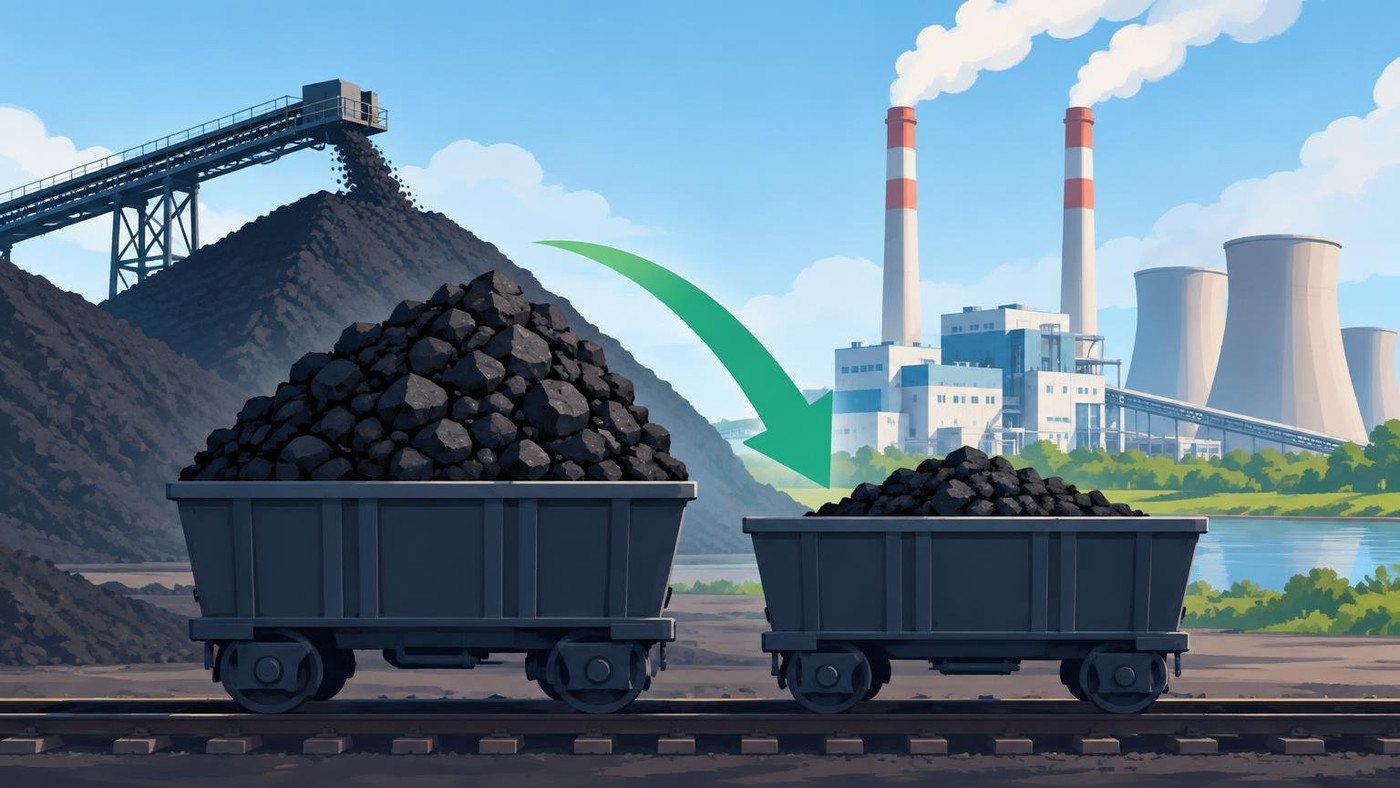 AI-generated illustration: the story "Coal stock drawdown at power plants more than halves in October, says ministry"