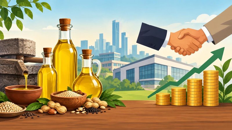 AI-generated illustration: the story "Cold-pressed oil brand Gramiyaa raises Rs 18.65 crore at Rs 110 crore valuation"