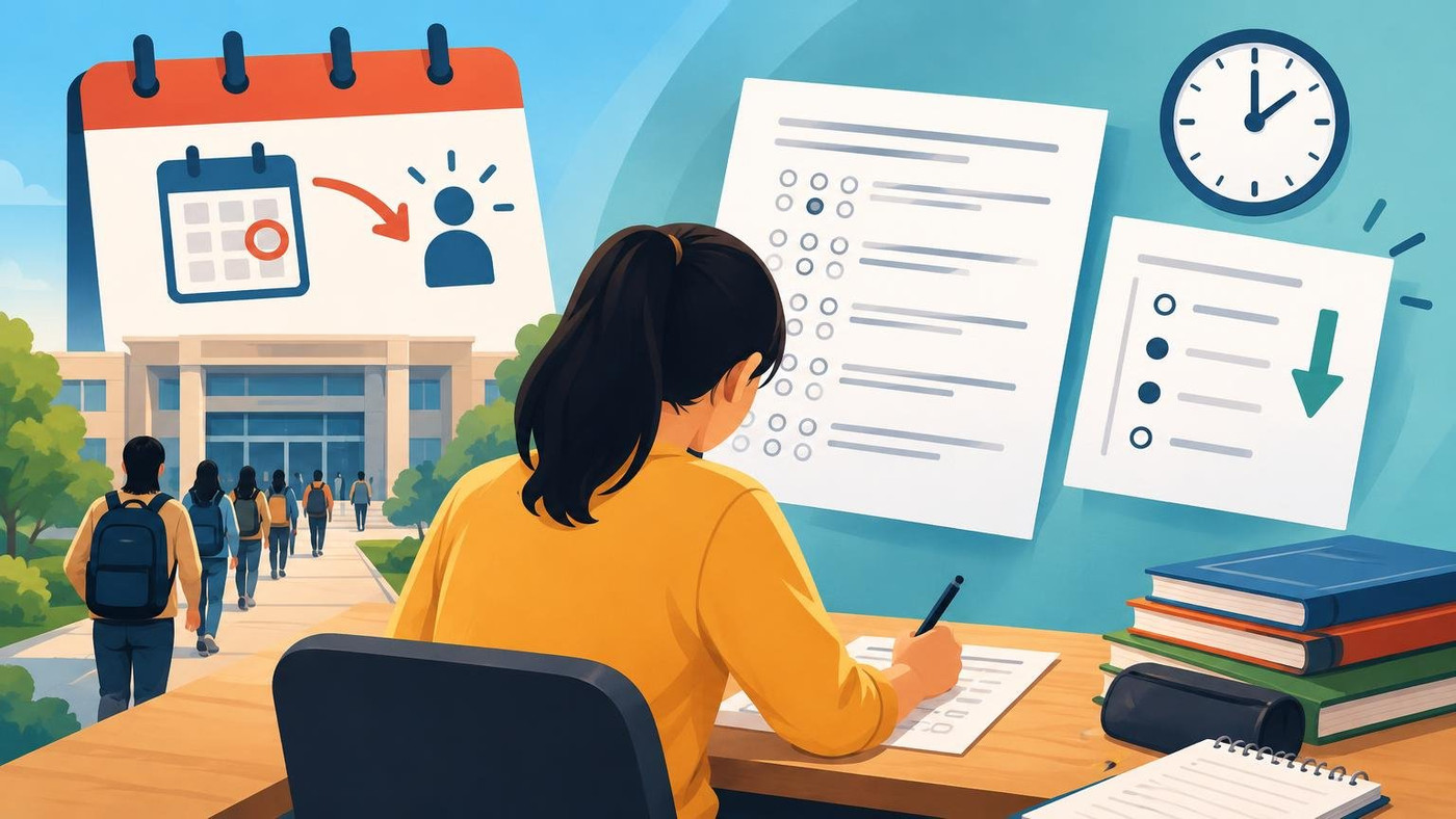 AI-generated illustration: the story "CUET UG 2027: One-Day Exam, Shorter Papers Under Consideration"