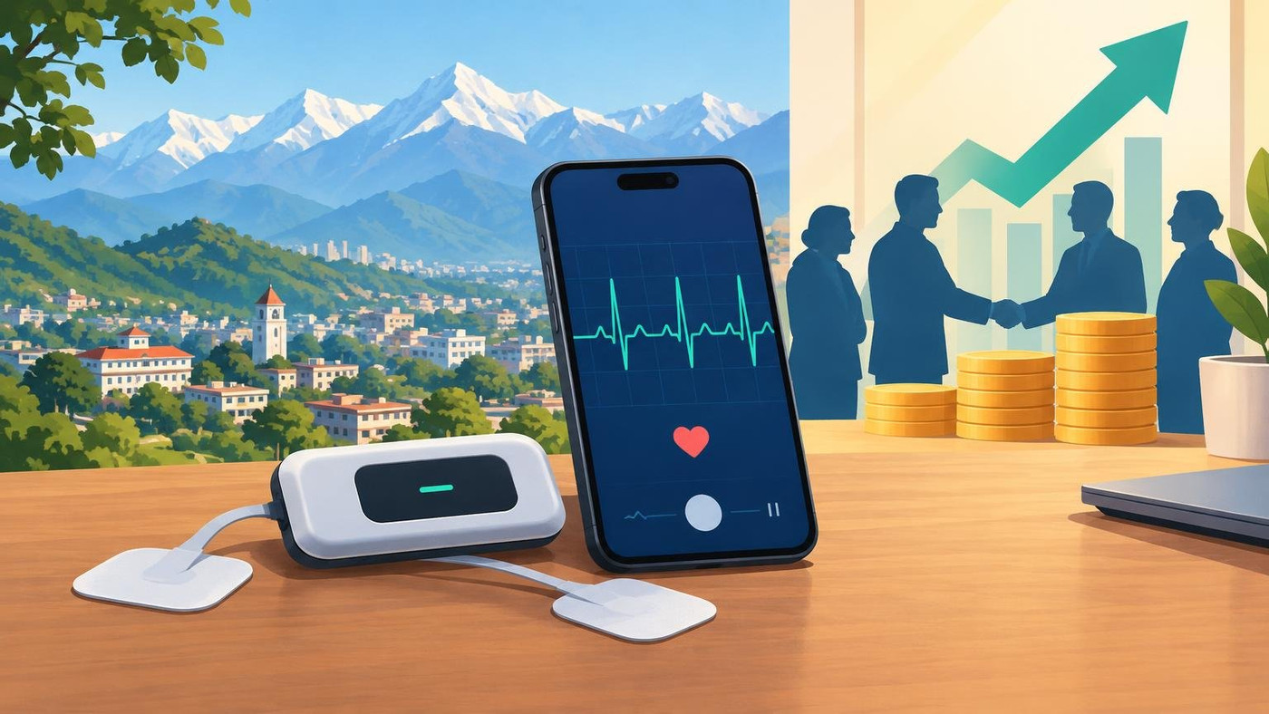 AI-generated illustration: the story "Dehradun medtech start-up Sunfox raises $7 million for portable ECG device"