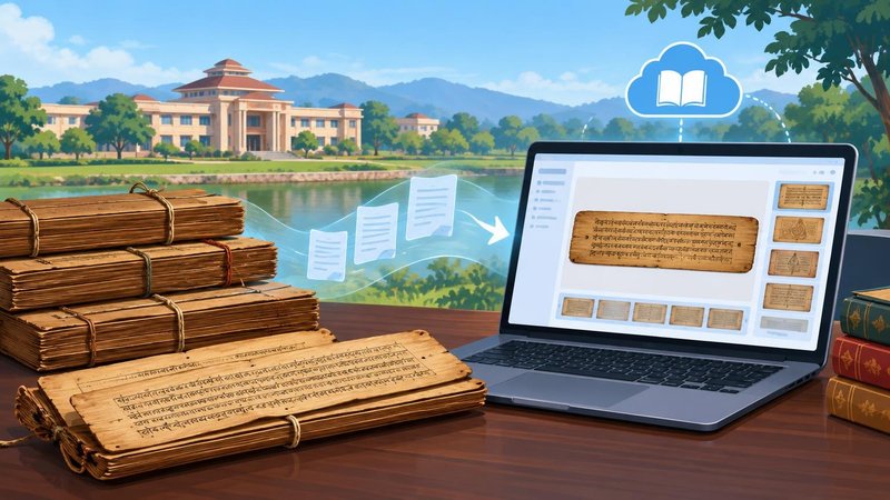 AI-generated illustration: the story "Dibrugarh University puts 53,275 pages of Sanchipat manuscripts online for free"