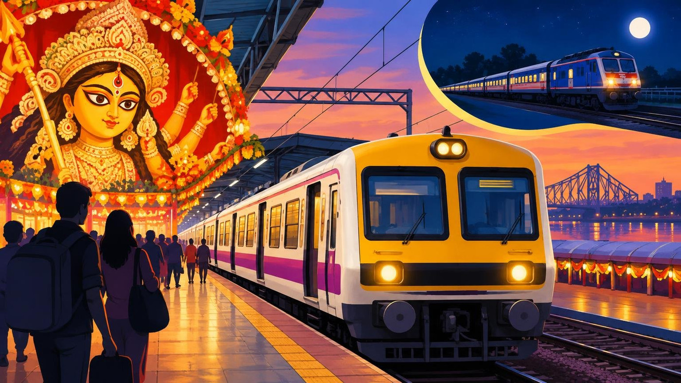 AI-generated illustration: the story "Durga Puja 2026: Sealdah to run 51 special local trains daily, 38 of them overnight"