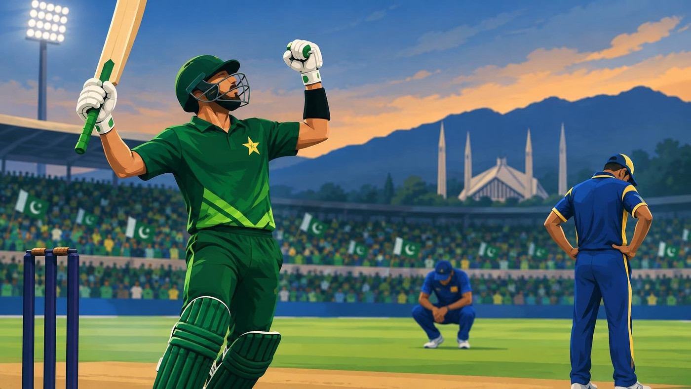AI-generated illustration: the story "Farhan's 89 helps Pakistan chase 183 to beat Sri Lanka in first T20I in Rawalpindi"