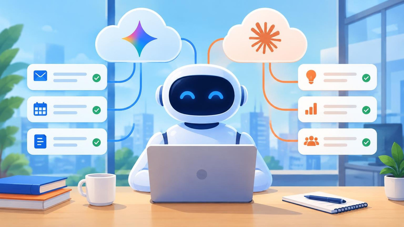 AI-generated illustration: the story "Google launches Gemini agent for work that also runs on Anthropic's Claude models"