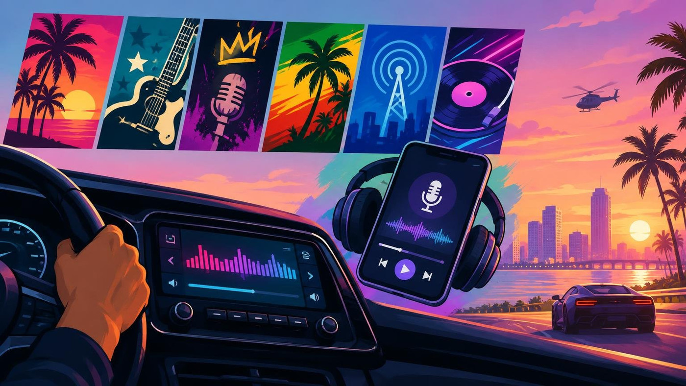 AI-generated illustration: the story "GTA 6 radio revealed: six stations and first in-game podcasts before Nov 19 launch"