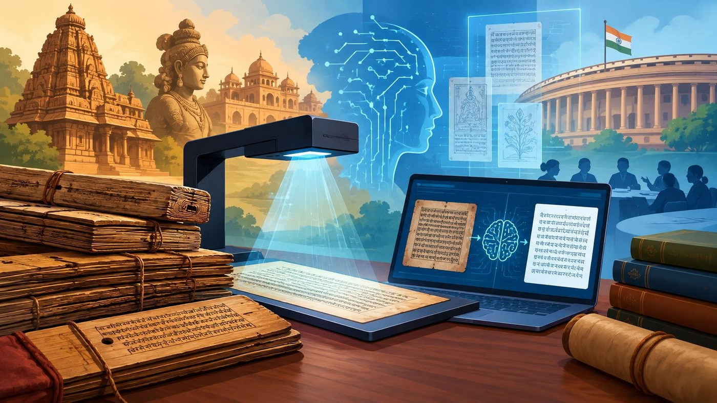 AI-generated illustration: the story "Gyan Bharatam Mission Uses AI to Digitise India's Manuscripts and Heritage"