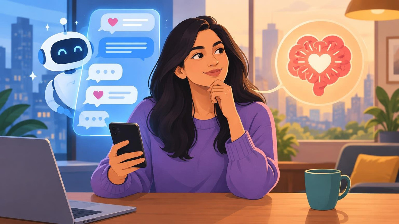 AI-generated illustration: the story "Half of urban Indian singles use AI on dating messages, but most trust their gut"