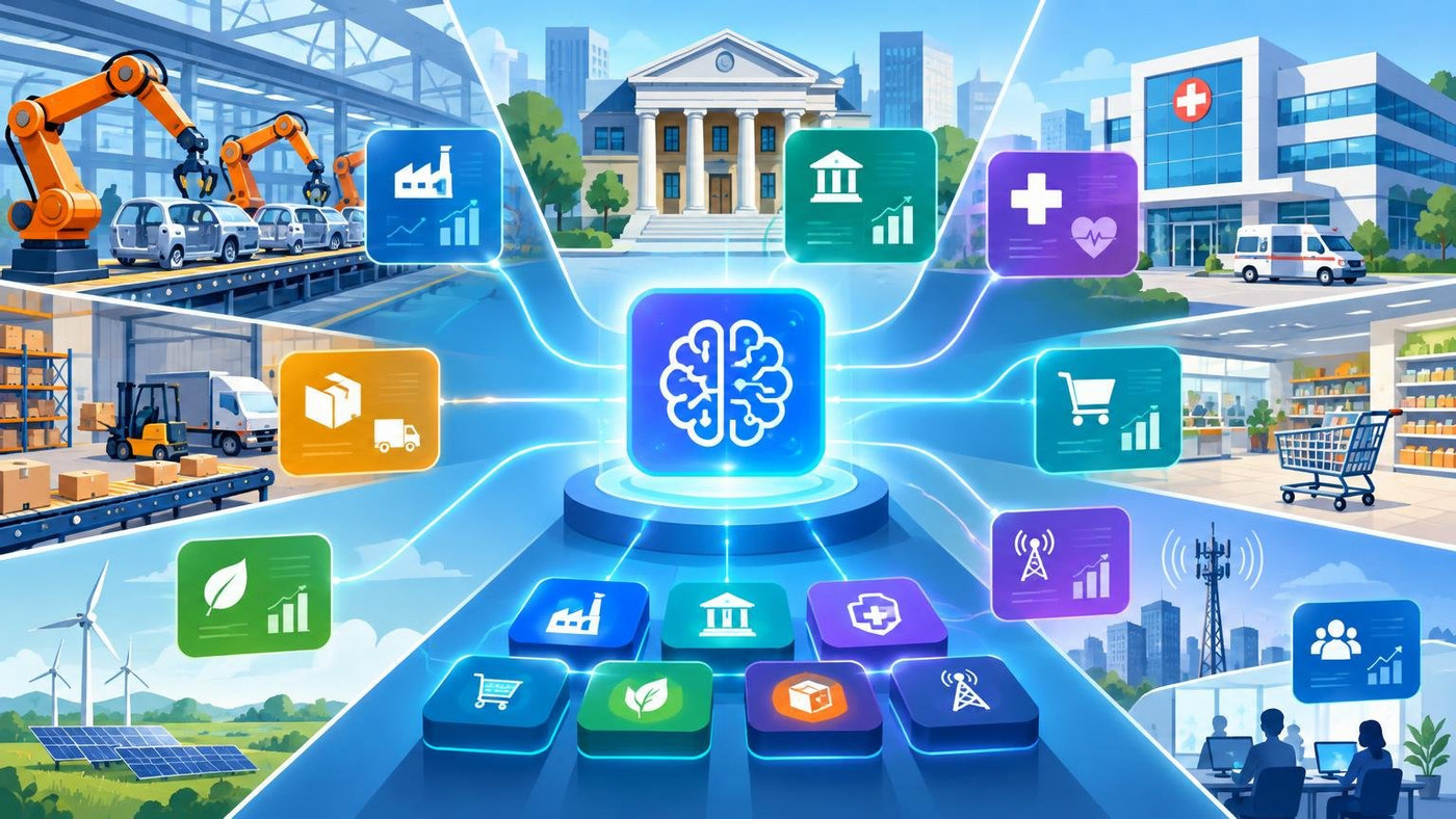 AI-generated illustration: the story "HCLTech launches 20 industry-specific AI solutions for factories, banks, hospitals"