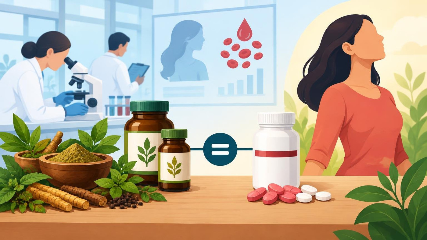 AI-generated illustration: the story "ICMR-CCRAS Trial Finds Ayurvedic Anaemia Formulations Match Iron-Folic Acid"