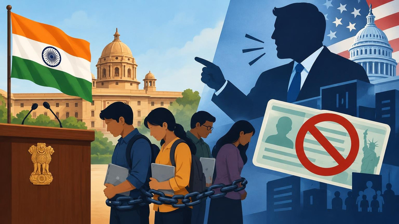 AI-generated illustration: the story "India calls Vance's 'indentured servants' remark deeply offensive"