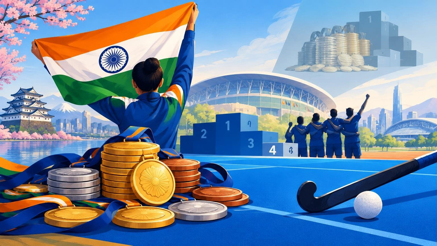 AI-generated illustration: the story "India Finish Fourth at Asian Games 2026 With 85 Medals"