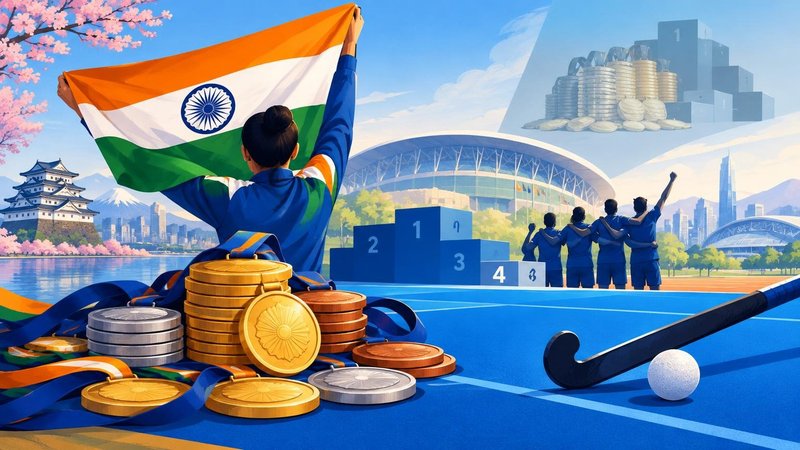 AI-generated illustration: the story "India Finish Fourth at Asian Games 2026 With 85 Medals"