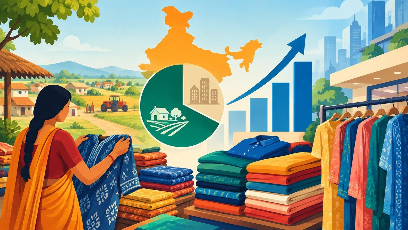 AI-generated illustration: the story "India's apparel market to reach $146.3 billion by 2029, rural India leads spending"
