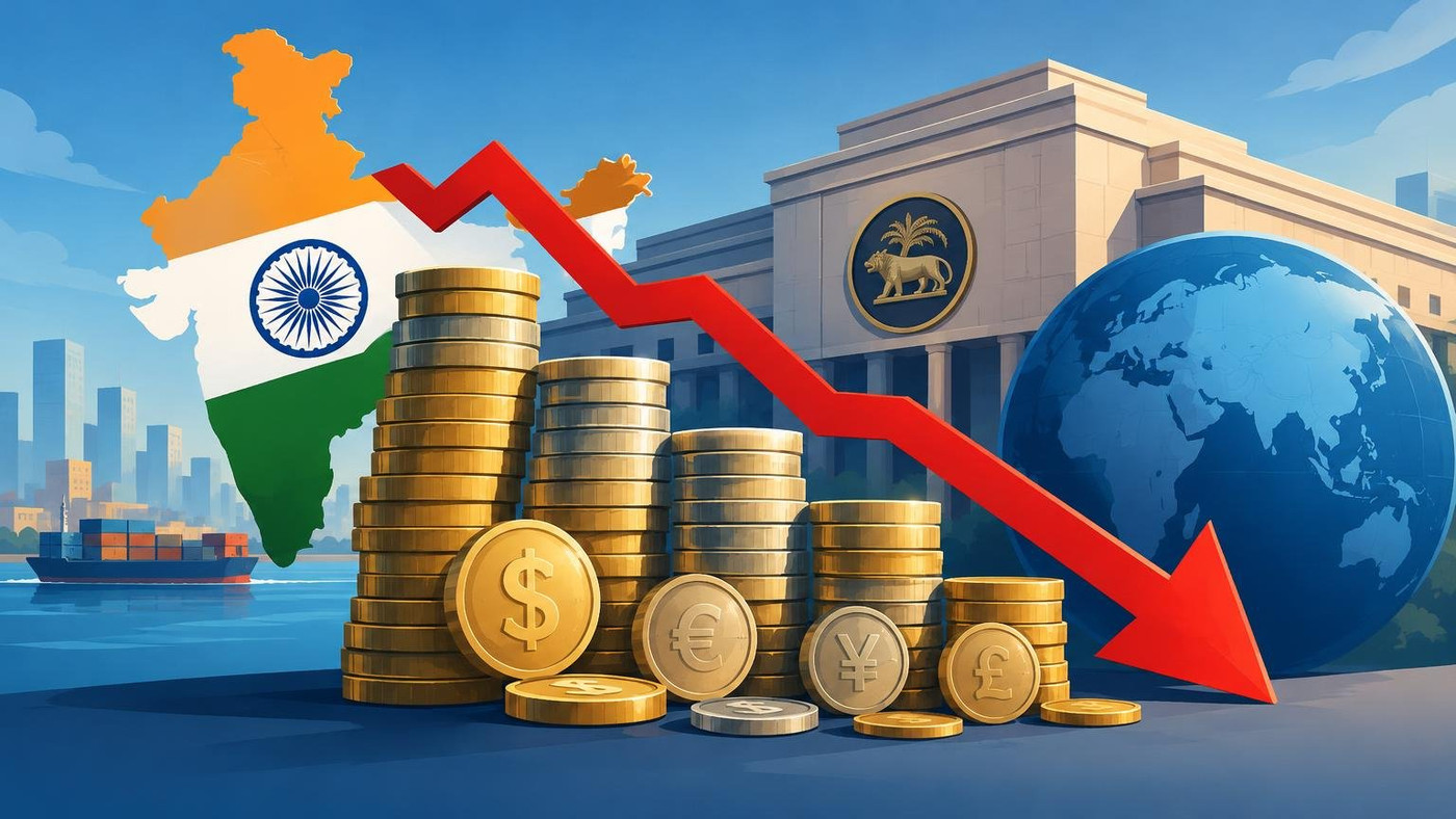 AI-generated illustration: the story "India's forex reserves fall $12.95 billion to $734.6 billion, fourth weekly drop"