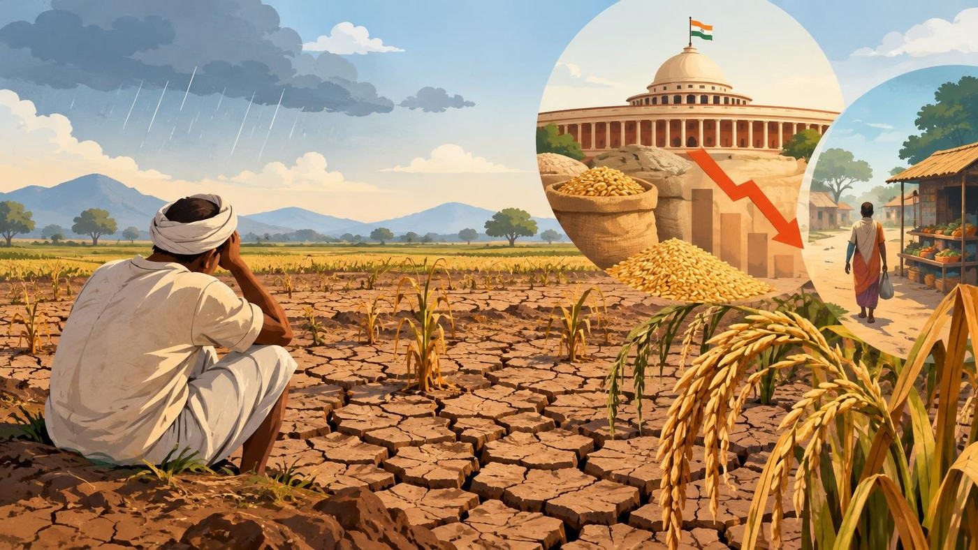 AI-generated illustration: the story "India's Weak Monsoon Puts Agriculture Under Strain: Drought, Rabi Risks and Rural Demand"