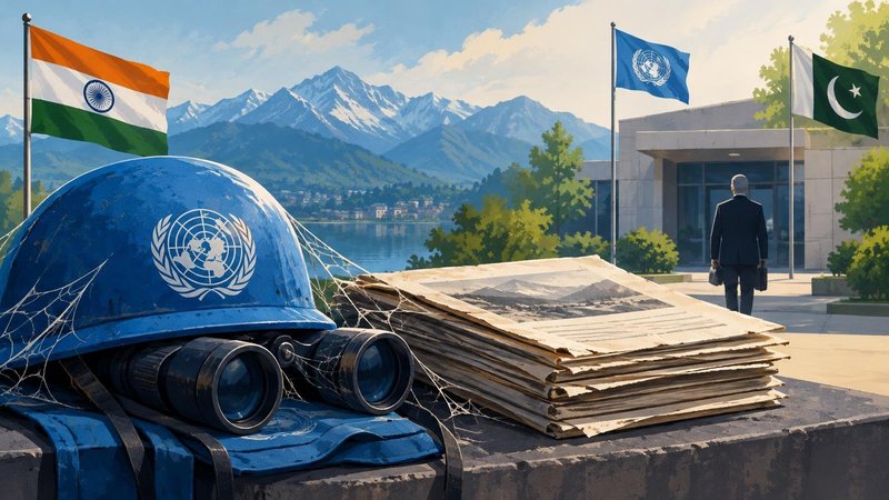AI-generated illustration: the story "India says UN Kashmir observer group outlived its relevance after Guterres visit"