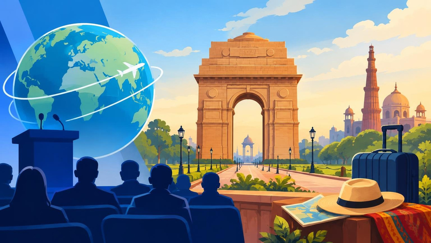 AI-generated illustration: the story "India to host WTTC Global Summit 2027 in New Delhi"