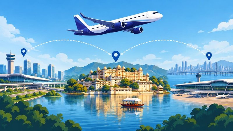 AI-generated illustration: the story "IndiGo to fly daily to Udaipur from Noida and Navi Mumbai airports"