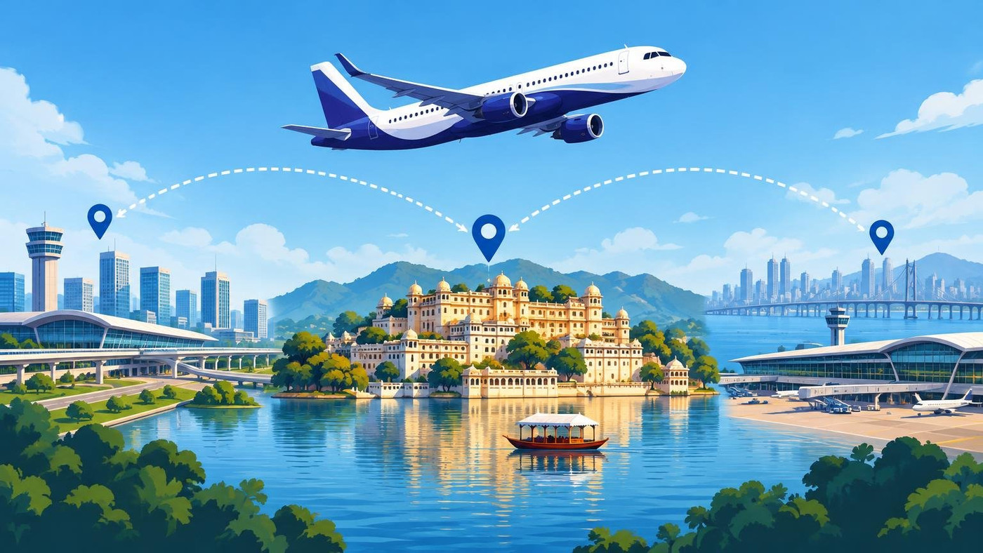 AI-generated illustration: the story "IndiGo to fly daily to Udaipur from Noida and Navi Mumbai airports"