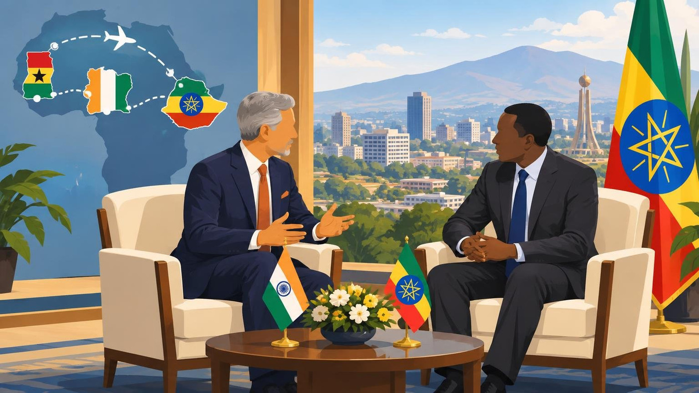 AI-generated illustration: the story "Jaishankar holds talks in Addis Ababa as three-nation Africa tour wraps up"