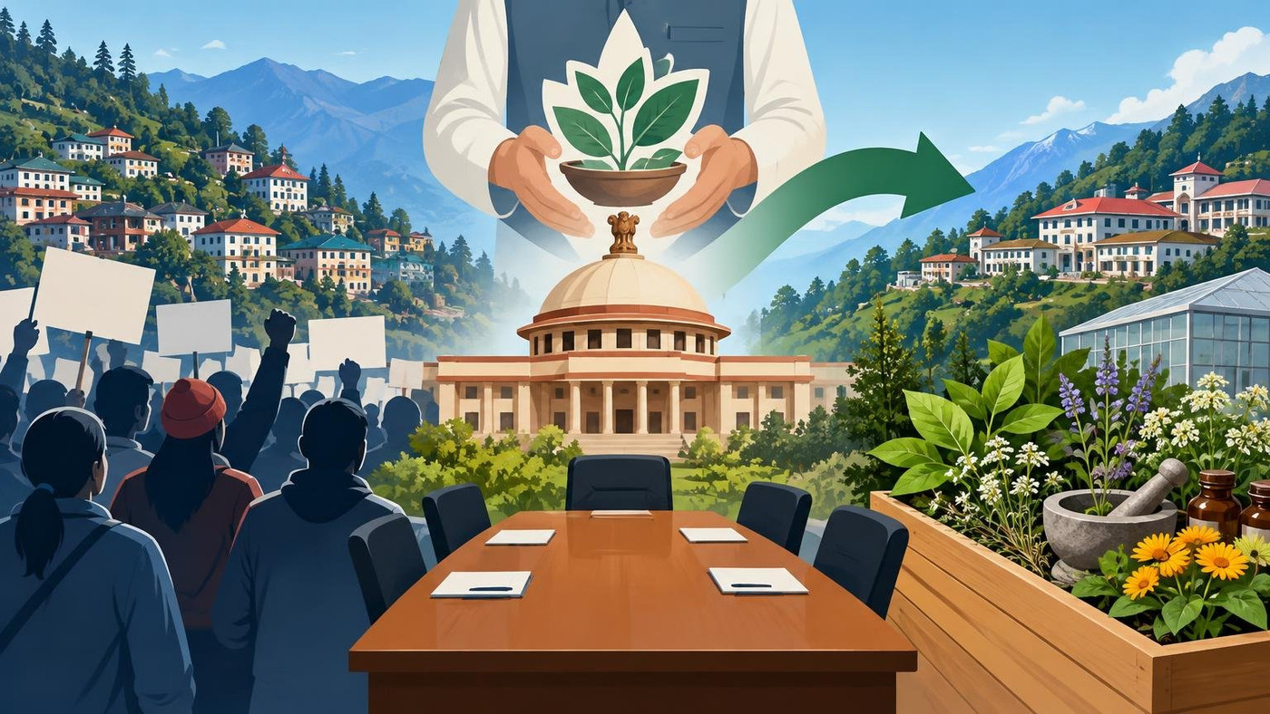 AI-generated illustration: the story "Jogindernagar fights move of medicinal plants centre to Solan; Ayush ministry steps in"