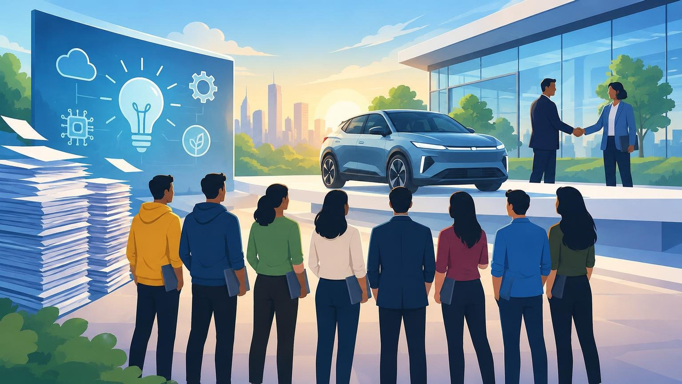 AI-generated illustration: the story "JSW MG Motor picks eight start-ups for pilots in sixth MG Developer Program"