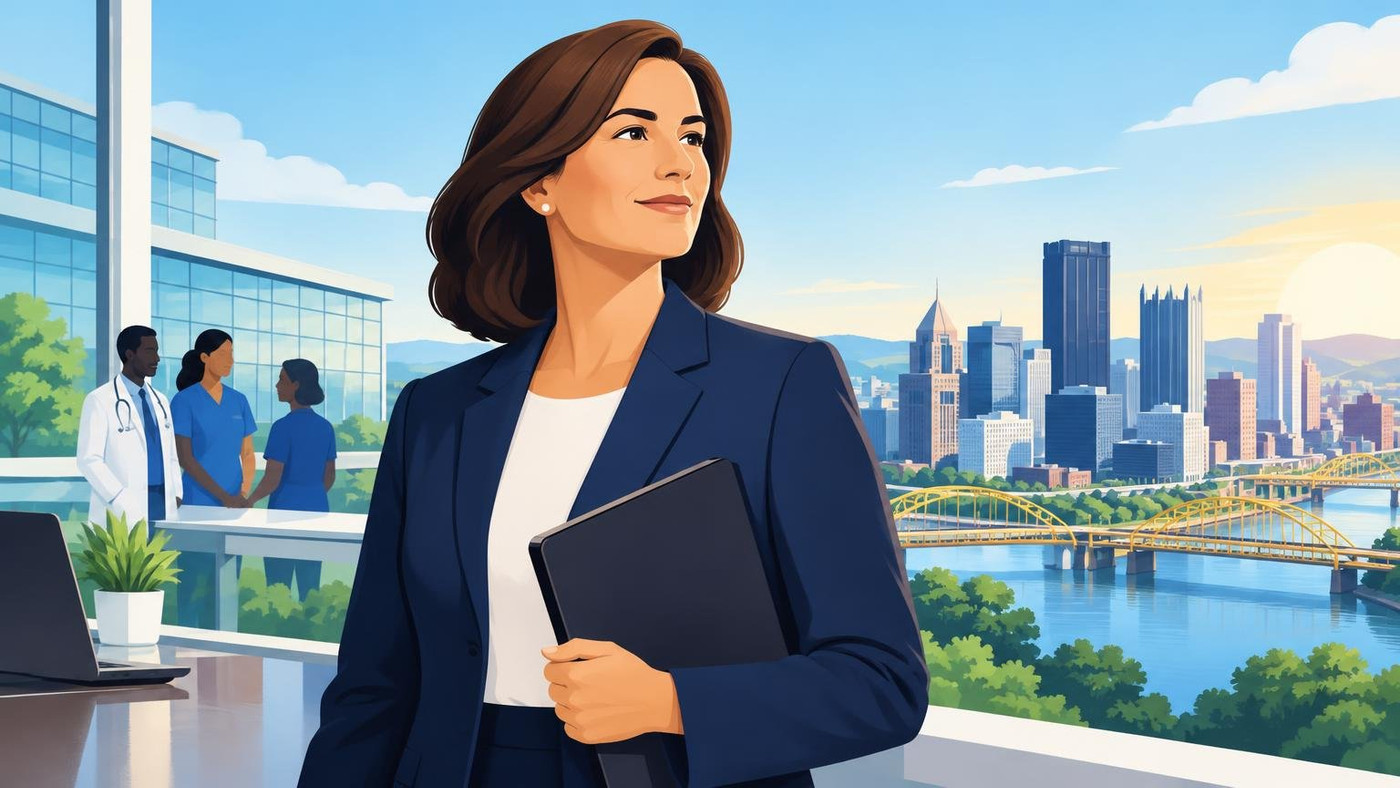 AI-generated illustration: the story "Karen Hanlon Named Highmark Health's First Woman CEO, Starting 1 January 2027"