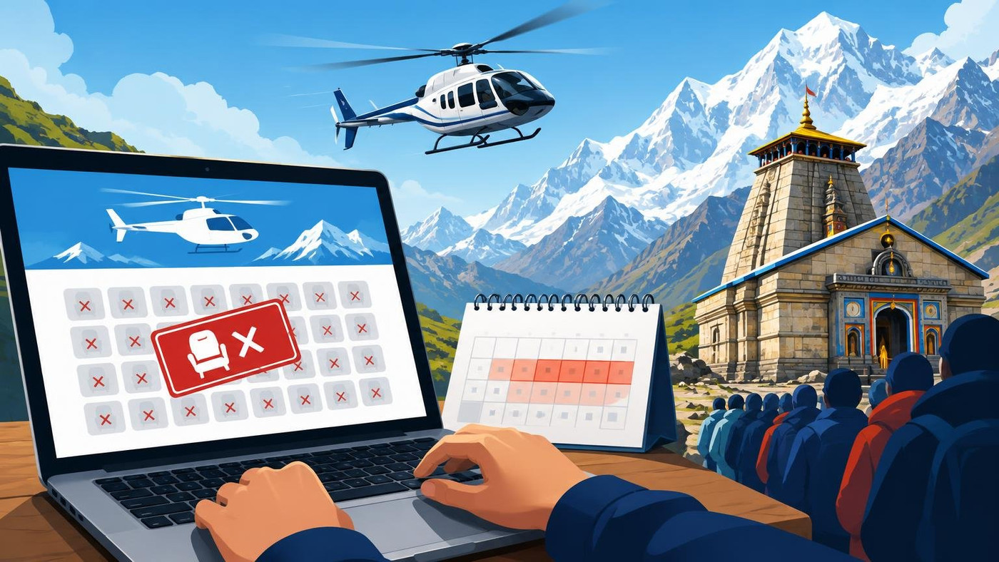 AI-generated illustration: the story "Kedarnath helicopter seats for Oct 16-Nov 9 sell out within hours of opening"