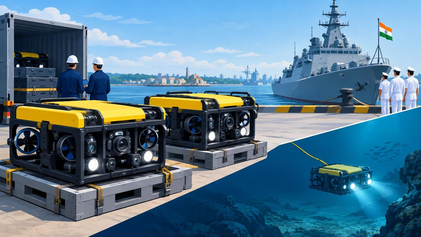 AI-generated illustration: the story "Kochi start-up EyeROV delivers first indigenous military-grade underwater robots to Navy"