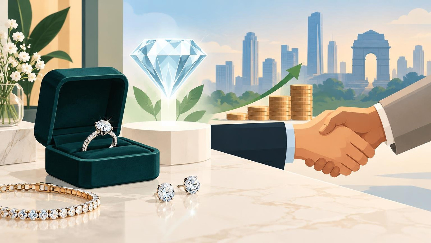 AI-generated illustration: the story "Lab-grown diamond jewellery brand Zinara raises Rs 3.61 crore, led by IPV"