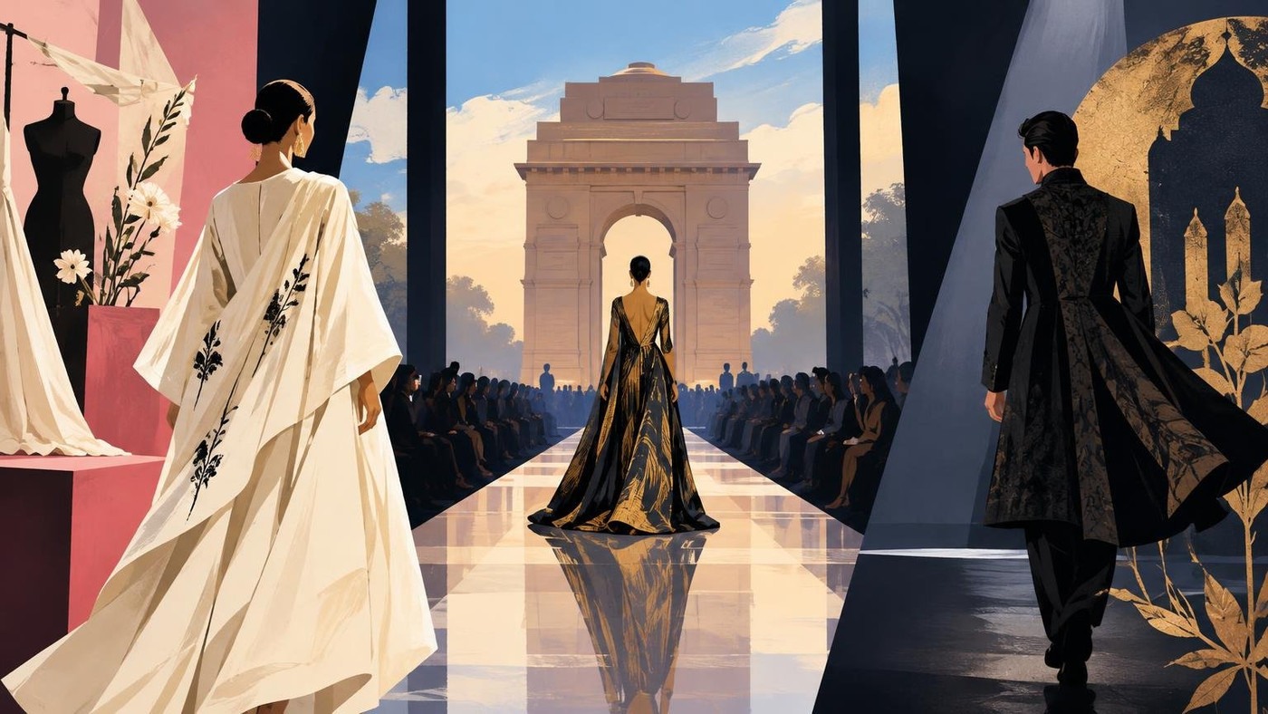 AI-generated illustration: the story "Lakmé Fashion Week x FDCI returns to Delhi Oct 13-18; Péro opens, Malhotra is back"
