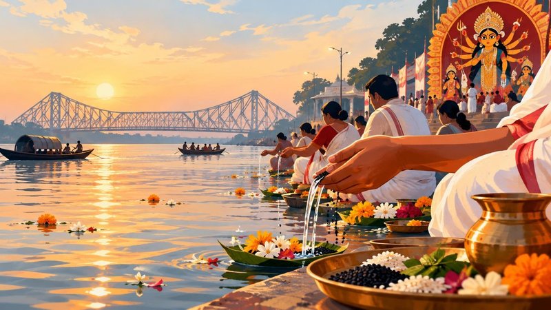 AI-generated illustration: the story "Mahalaya: Bengal offers tarpan at Hooghly ghats as Durga Puja countdown begins"