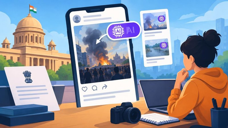 AI-generated illustration: the story "MeitY Advisory Asks Platforms to Label AI Content Showing Current Events"