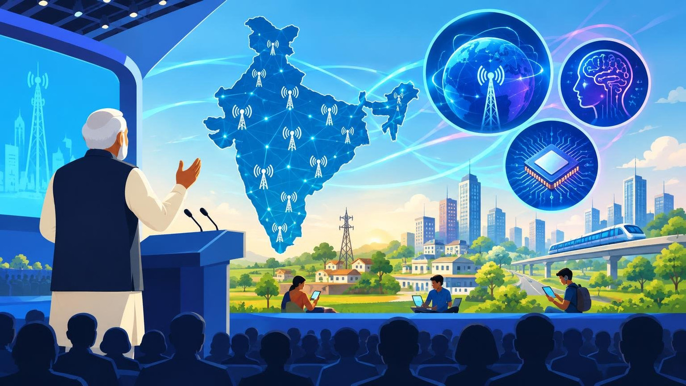 AI-generated illustration: the story "Modi opens IMC 2026: 5G in every district, eyes on 6G, AI and chips"