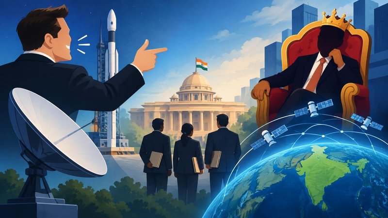 AI-generated illustration: the story "Musk's 'Prime Minister Ambani' jibe escalates Starlink row as Centre denies bias"