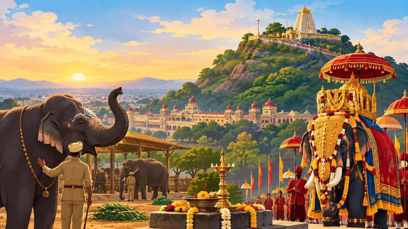 AI-generated illustration: the story "Mysuru Dasara 2026 Begins 11 October on Chamundi Hill"