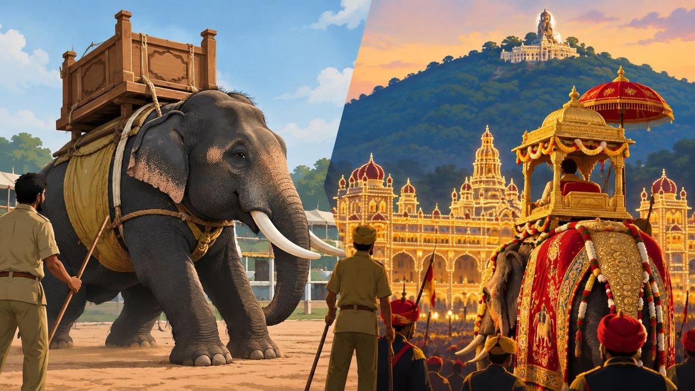 AI-generated illustration: the story "Mysuru Dasara opens October 11 after tusker Mahendra halts howdah rehearsal"