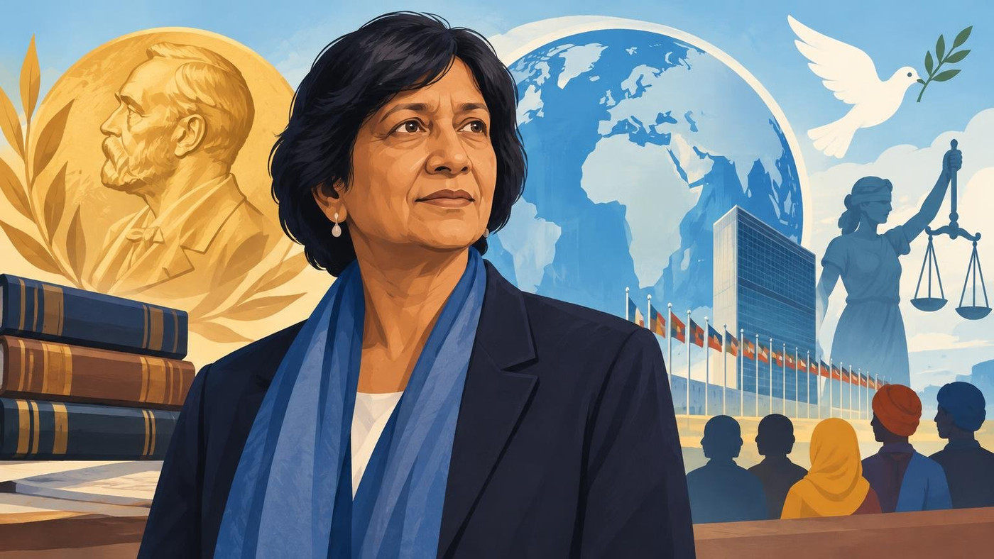 AI-generated illustration: the story "Navi Pillay Wins 2026 Nobel Peace Prize for Work on International Law"