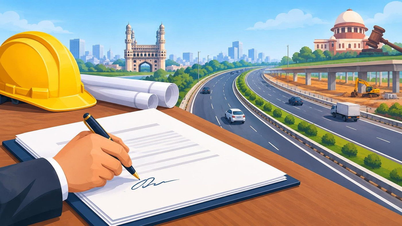 AI-generated illustration: the story "NCC wins Rs 1,286 crore order for Hyderabad's Radial Road-2, first package"